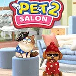 Kuvassa kaksi söpösti pukeutunutta lemmikkiä istuu huoneessa, jossa on sininen nojatuoli ja sohva, ja niiden yläpuolella on Pet Salon 2 -logo