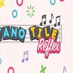 Värikäs logo, joka sisältää nuottiavaimen, musiikkisymboleita ja sanat Piano Tile Reflex