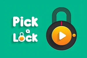 Vihreällä taustalla on piirros ripustettavasta lukosta, jossa on oranssi ympyrä ja valkoinen nuoli, sekä teksti Pick a Lock