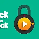 Vihreällä taustalla on piirros ripustettavasta lukosta, jossa on oranssi ympyrä ja valkoinen nuoli, sekä teksti Pick a Lock