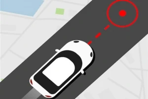 Auto ajaa mustaa tietä pitkin kohti punaista kohdetta, taustalla karttanäkymä