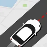 Auto ajaa mustaa tietä pitkin kohti punaista kohdetta, taustalla karttanäkymä
