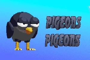 Animoitu musta lintu katsoo eteenpäin sinisellä taustalla, vieressä teksti Pigeons
