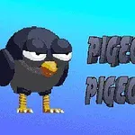 Animoitu musta lintu katsoo eteenpäin sinisellä taustalla, vieressä teksti Pigeons