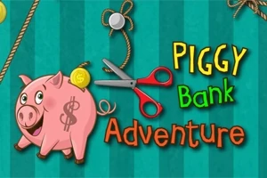 Pinkki säästöpossu kolikolla, sakset ja teksti Piggy Bank Adventure värikkäällä taustalla