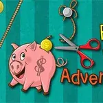 Pinkki säästöpossu kolikolla, sakset ja teksti Piggy Bank Adventure värikkäällä taustalla