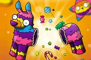 Värikäs piñata, joka on rikottu keskeltä, ja josta lentää ulos karkkeja ja makeisia oranssilla taustalla