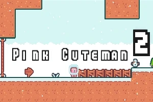 Vaaleanpunainen hahmo pikselitaidetyylisessä ympäristössä, jossa lukee Pink Cuteman 2