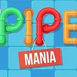 Teksti PIPE muodostettuna värikkäistä putkista sinisellä taustalla, alla punainen kyltti tekstillä MANIA