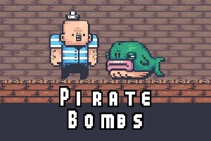 Pikselityylinen merimieshahmo sinivalkoisessa raidallisessa paidassa seisoo puisella alustalla vierekkäin vihreän kalan kanssa, tekstin Pirate Bombs ollessa alareunassa