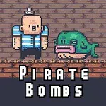 Pikselityylinen merimieshahmo sinivalkoisessa raidallisessa paidassa seisoo puisella alustalla vierekkäin vihreän kalan kanssa, tekstin Pirate Bombs ollessa alareunassa