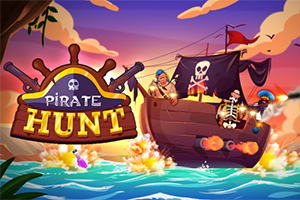 Merirosvolaiva purjehtii värikkäässä auringonlaskussa, ja miehistö ampuu tykeillä, taustalla näkyy suuri Pirate Hunt -kyltti