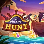 Merirosvolaiva purjehtii värikkäässä auringonlaskussa, ja miehistö ampuu tykeillä, taustalla näkyy suuri Pirate Hunt -kyltti