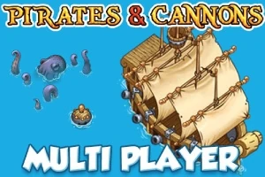 Merellä purjehtiva laiva, ympärillä mustekalan lonkeroita, kelluva tynnyri ja tekstit Pirates & Cannons sekä Multi Player