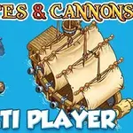 Merellä purjehtiva laiva, ympärillä mustekalan lonkeroita, kelluva tynnyri ja tekstit Pirates & Cannons sekä Multi Player