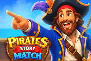 Hymyilevä merirosvokapteeni osoittaa vasemmalle, taustalla sininen taivas ja värikäs Pirates Story Match -logo