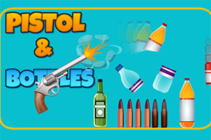 Sinisellä taustalla on revolveri ampumassa pulloja ja hylsyjä, otsikkotekstin Pistol & Bottles vieressä