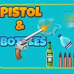 Sinisellä taustalla on revolveri ampumassa pulloja ja hylsyjä, otsikkotekstin Pistol & Bottles vieressä