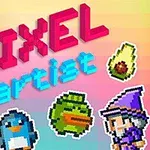 Värikkäällä taustalla on pikselihahmoja, kuten ritari, pingviini, ankka, koira, velho ja avokado, sekä teksti PIXEL artist