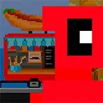 Punainen pikselöity hahmo torilla taustallaan hotdog-kuvioitu ruokarekka ja ikkuna