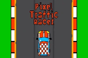 Värikkäällä ruutukuviollisella radalla oleva pikselöity auto, jonka yläpuolella on teksti Pixel Traffic Racer
