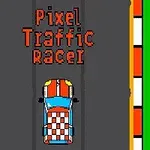 Värikkäällä ruutukuviollisella radalla oleva pikselöity auto, jonka yläpuolella on teksti Pixel Traffic Racer