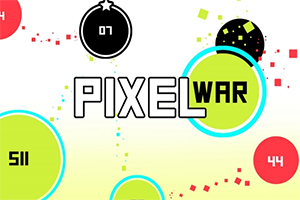 Värikäs tausta, jossa keskellä teksti PIXEL WAR ja ympärillä pyöreitä muotoja sekä pieniä neliöitä