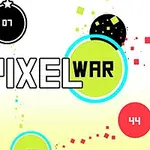 Värikäs tausta, jossa keskellä teksti PIXEL WAR ja ympärillä pyöreitä muotoja sekä pieniä neliöitä