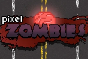 Tekstissä lukee PIXEL ZOMBIES pimeällä taustalla, jossa on veri- ja aivot-aiheisia grafiikoita