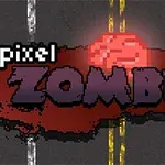 Tekstissä lukee PIXEL ZOMBIES pimeällä taustalla, jossa on veri- ja aivot-aiheisia grafiikoita