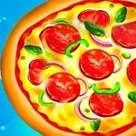 Pizza, jossa on pepperonia, vihreitä paprikoita, punasipulia ja basilikan lehtiä, vaaleansinisellä taustalla