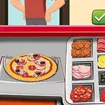 Pizzan valmistusasema, jossa on pizza ja erilaisia täytteitä, kuten pepperonia, juustoa, oliiveja ja sieniä, vieressä