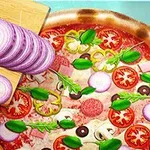 Puoliksi leikattu pizza, jossa on pepperonia, tomaattia, paprikaa, lehtivihanneksia ja viipaloitua punasipulia leikkuulaudalla