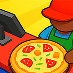 Hahmo, jolla on punainen lippis ja sininen paita, pitää pizzaa kassakoneen ääressä värikkäässä ympäristössä