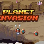 Pikseligrafiikoilla toteutettu avaruusteemainen maisema, jossa lukee Planet Invasion ja näkyy pieni avaruusalus sekä kaksi punaista vihollista