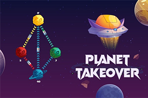 Planeetoja yhdistävä näkymä avaruudessa, jossa on neljä eriväristä planeettaa, avaruusalus ja teksti Planet Takeover