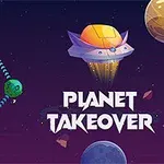 Planeetoja yhdistävä näkymä avaruudessa, jossa on neljä eriväristä planeettaa, avaruusalus ja teksti Planet Takeover