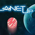 Kuvassa on kaksi sinisävyistä planeettaa, punainen pilarimainen muoto, sekä teksti PLANET UP