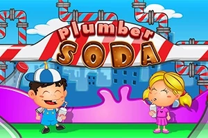 Kuvassa kaksi lasta juo juomia värikkäässä karkkimaailmassa, jossa taustalla on putkia ja kyltti tekstillä plumber soda