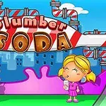 Kuvassa kaksi lasta juo juomia värikkäässä karkkimaailmassa, jossa taustalla on putkia ja kyltti tekstillä plumber soda