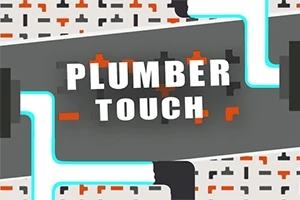 Tekstillä Plumber Touch varustettu harmaa laatta, jota ympäröivät siniset hehkuvat putket ja taustalla oranssit ja mustat kuviot