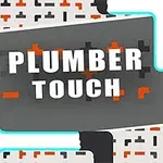 Tekstillä Plumber Touch varustettu harmaa laatta, jota ympäröivät siniset hehkuvat putket ja taustalla oranssit ja mustat kuviot