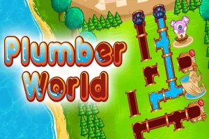 Värikäs piirroskuva putkistosta, hahmosta ja kauniista rantamaisemasta, joissa on suurikokoinen teksti Plumber World