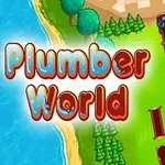 Värikäs piirroskuva putkistosta, hahmosta ja kauniista rantamaisemasta, joissa on suurikokoinen teksti Plumber World