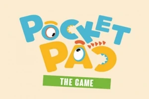 Värikäs teksti Pocket Pac The Game animaatiotyylissä vaalealla taustalla