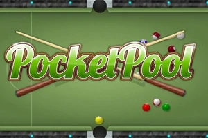 Biljardipöytä, jossa on kaksi biljardikeppiä, värikkäitä palloja ja teksti Pocket Pool