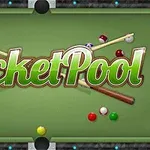 Biljardipöytä, jossa on kaksi biljardikeppiä, värikkäitä palloja ja teksti Pocket Pool