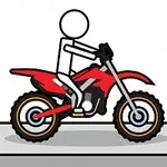 Piirroskuva tikku-ukosta ajamassa punaista motocross-pyörää harmaalla alustalla