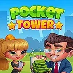 Sarjakuvamainen kuva, jossa on hymyilevä nainen ja mies pitelemässä rahaa taustalla värikäs kerrostalo ja teksti Pocket Tower