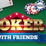 Kuvassa on teksti POKER WITH FRIENDS kullanvärisellä ja sinisellä taustalla, sekä pelikortteja ja pelimerkkejä vihreällä pöydällä